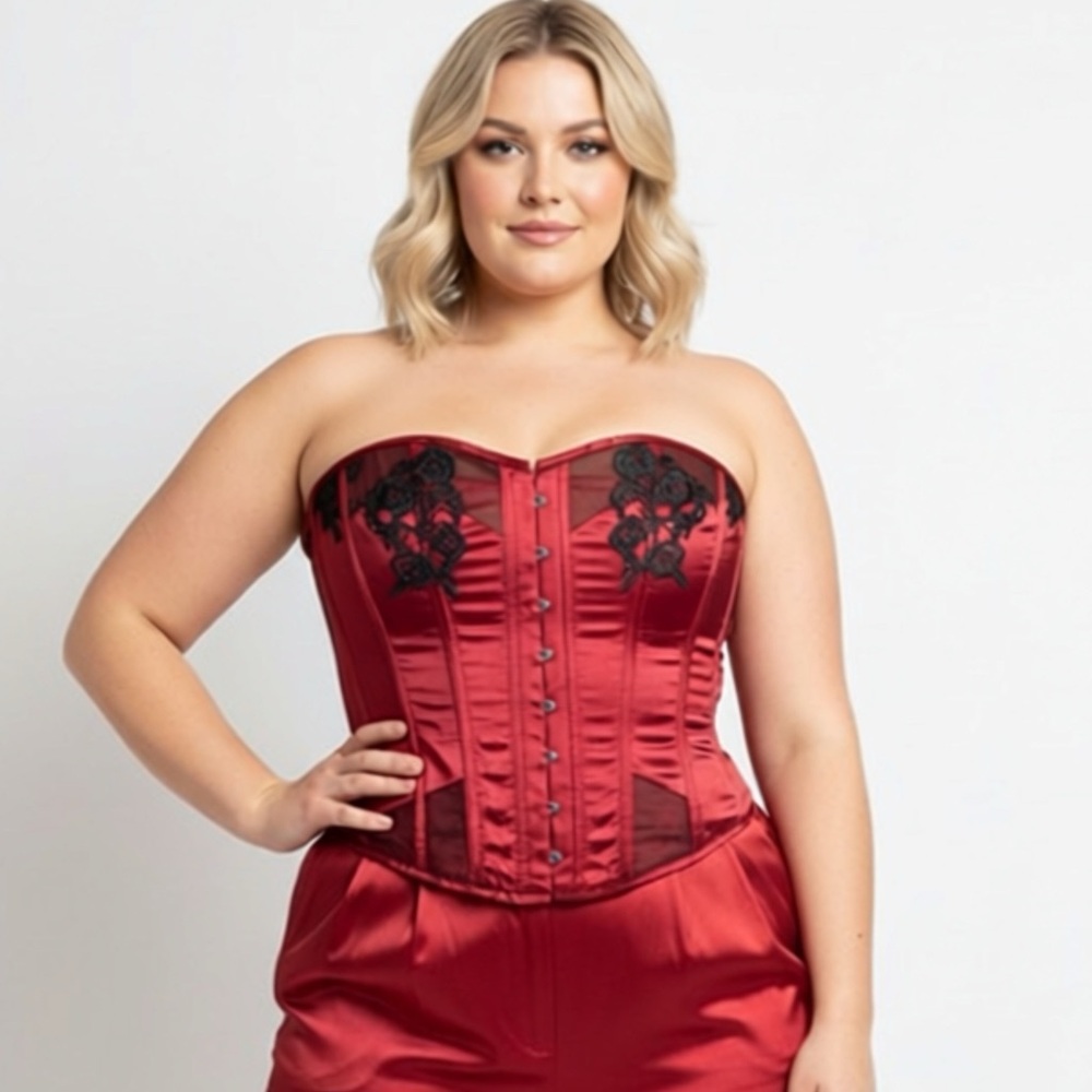 Women’s Corset Story Chic Satin Corset with Black Floral Accents (UK 24)